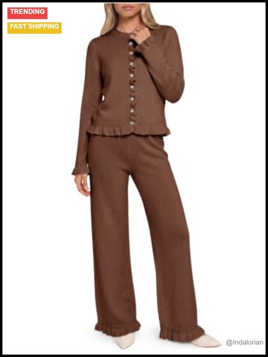 Pants - Womens Knit Lounge Set Ruffle Cardigan Wide Leg Pants 2 Piece Outfit